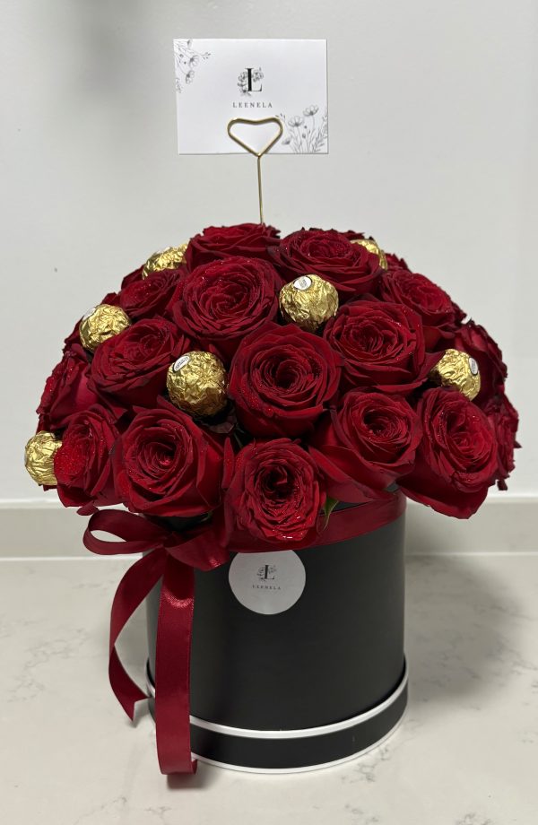 Luxe Red Roses & Ferrero Chocolates in a Black Box